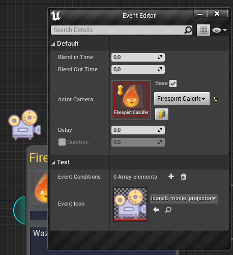 The event editor: actor camera, timings and custom event conditions per node