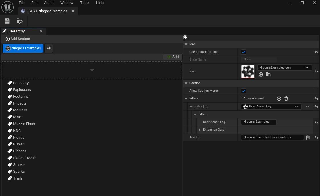 The configuration asset, with sections, icons, filters and tooltips